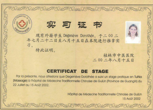 Certificat médecine traditionnelle chinoise à l'hopital Guilin en Chine